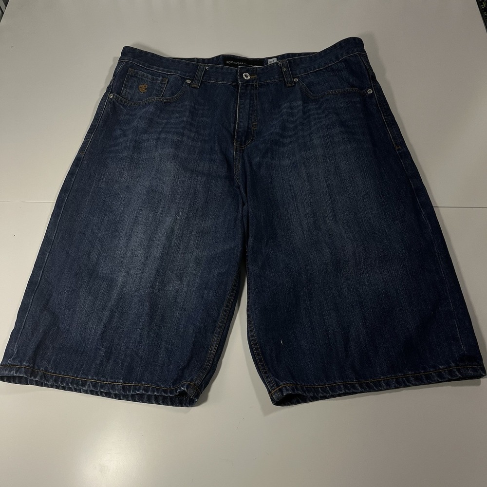 Y2K Rocawear Baggy Heavy Wide Jean Shorts Embroidered Blue R Mens Size 42